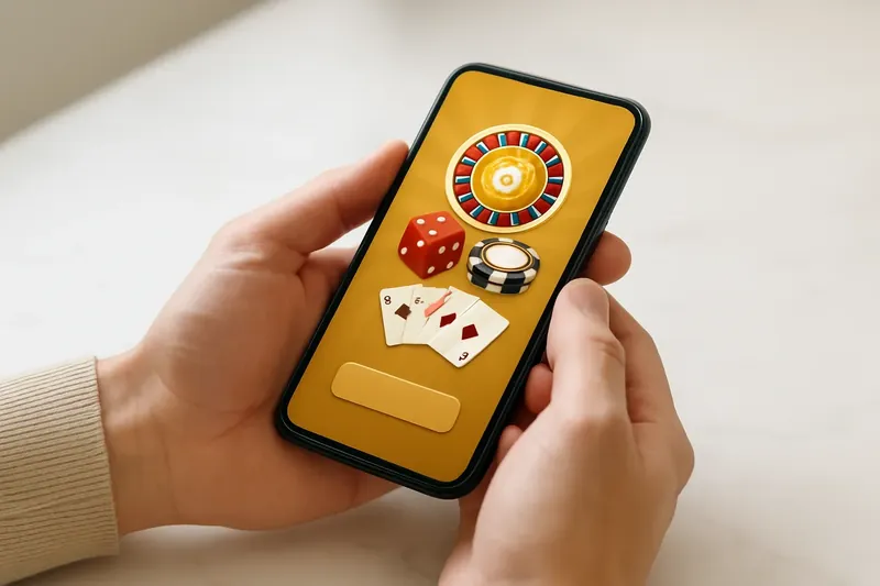 Hands holding smartphone with casino app on white marble surface