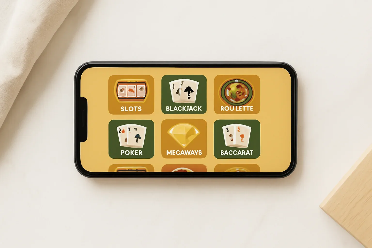 Smartphone on white marble showing bright casino game selection grid