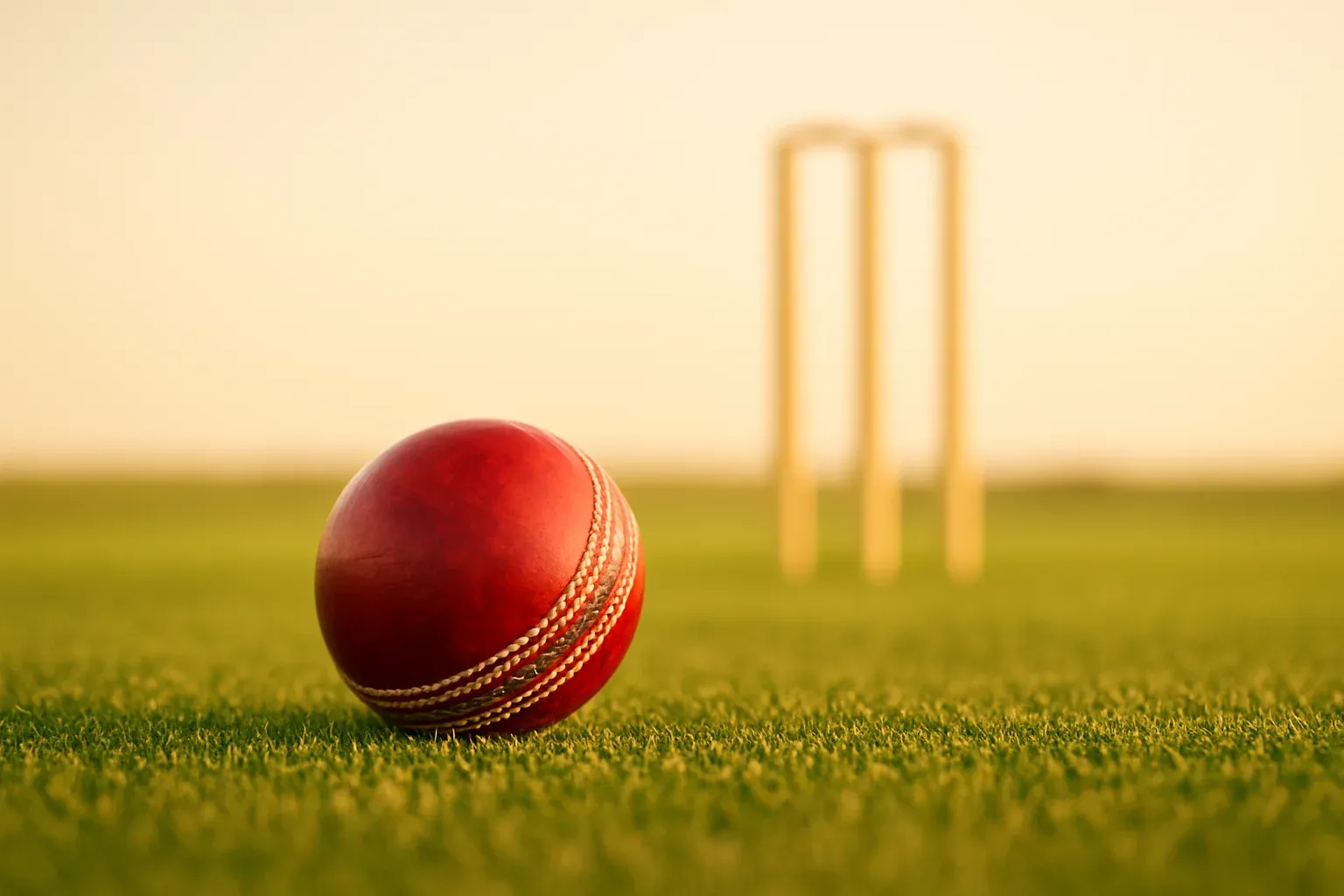 Red cricket ball on mown pitch grass with stumps at dusk