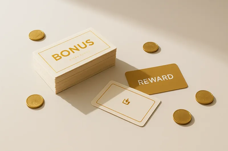 Stack of casino bonus vouchers and reward cards with gold coins