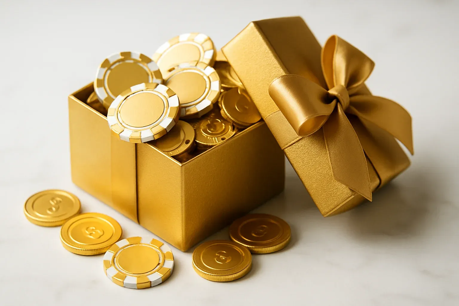 Golden gift box overflowing with poker chips and gold coins
