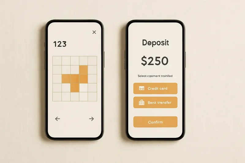 Two smartphones on cream background showing game grid and deposit screen