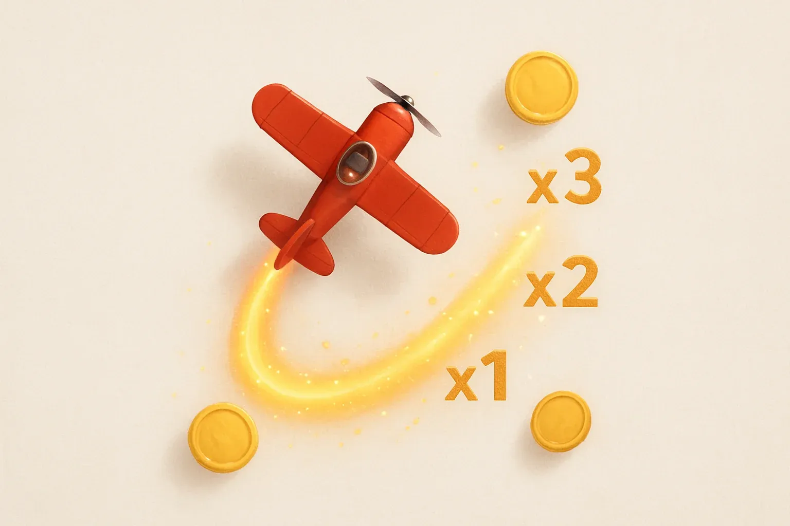 Red airplane climbing with glowing multiplier trail, coins, and sparks