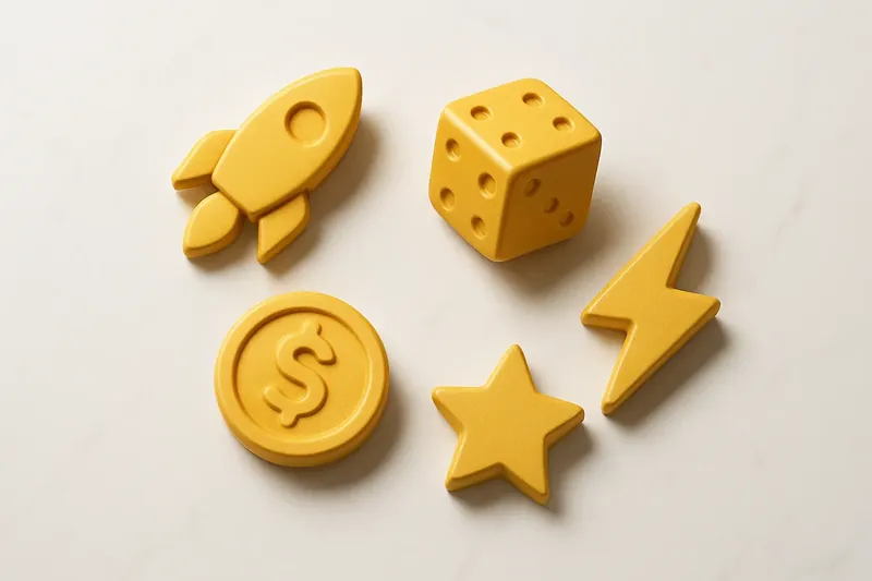 Five 3D instant game symbols on white marble flat lay