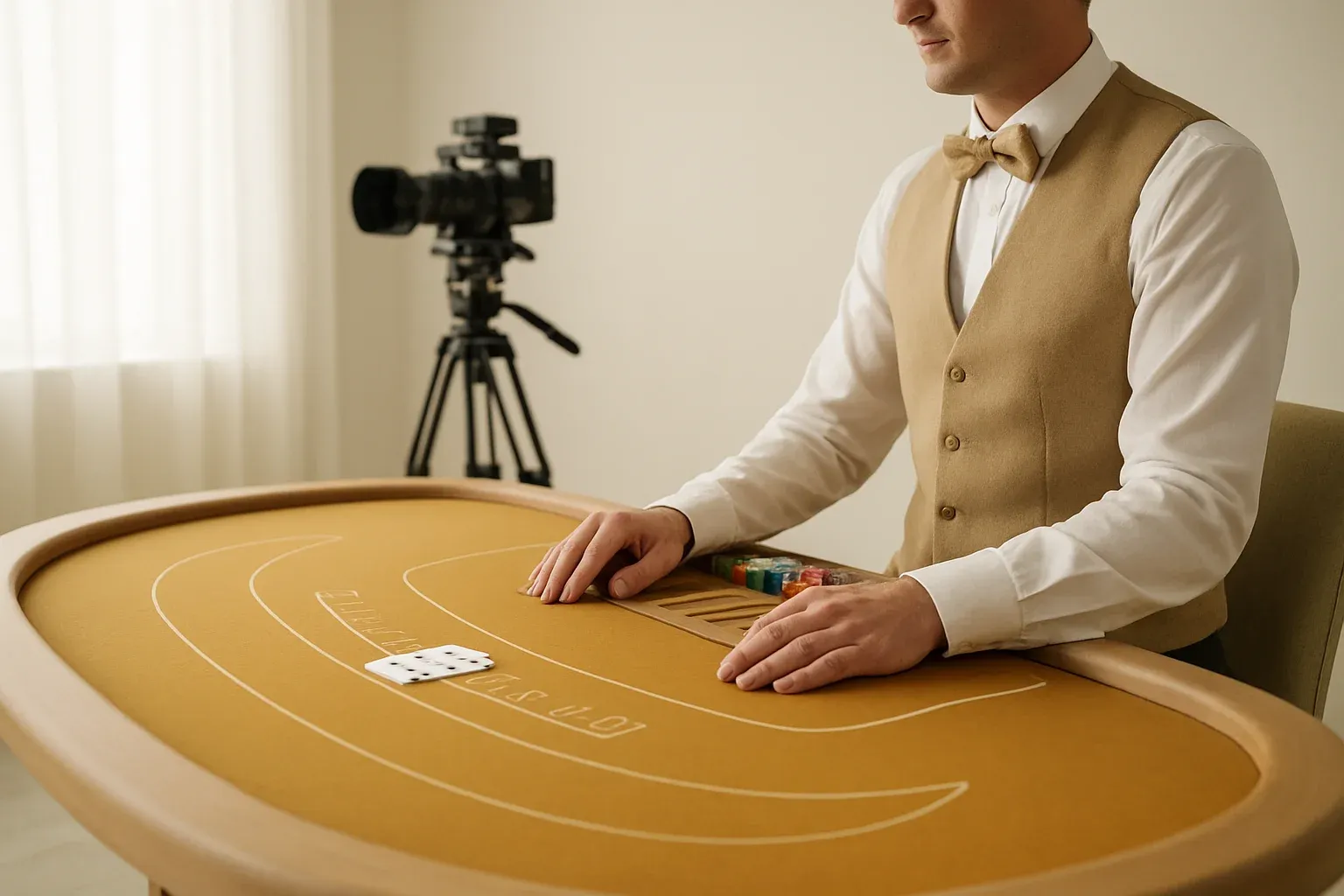 Professional blackjack dealer in live casino studio with camera rig