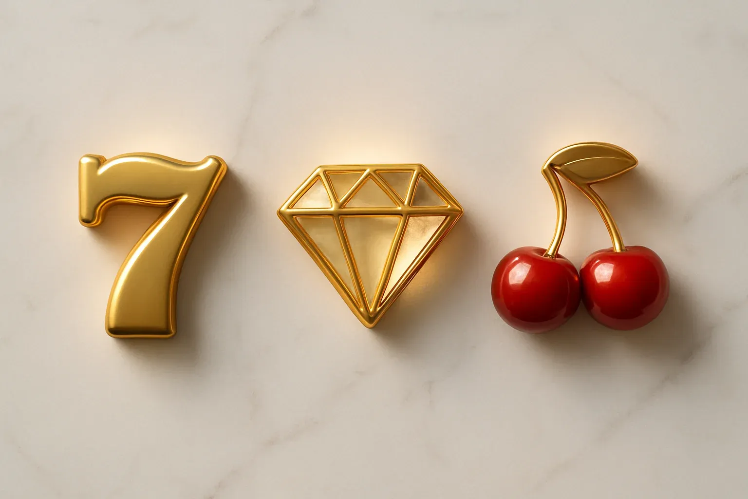 Overhead flat-lay of seven, diamond, and cherry slot symbols on marble